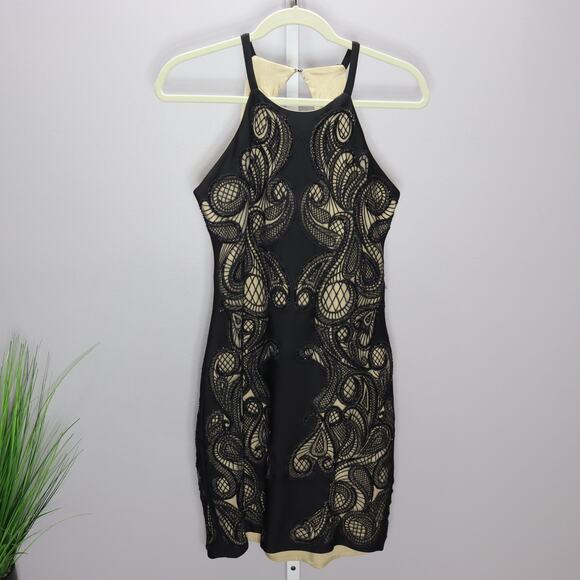 Parker Black Gold Lace Bodycon Dress Size S Halter Open Back - Picture 1 of 3